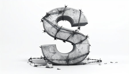 The letter S with a concrete texture and barbed wire wrapped around it.の素材