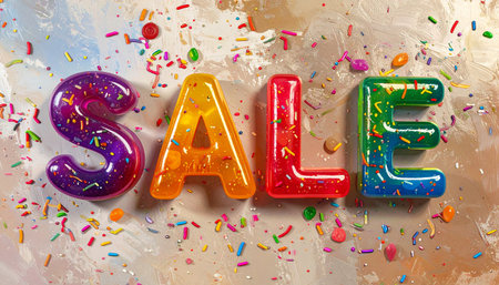 Sale in colorful candy letters, glossy and bright, gummy texture, sprinkles and con 203499.の素材