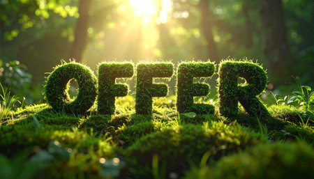 Offer in mossy 3D letters, soft grassy edges, natural sunlight filtering through.の素材