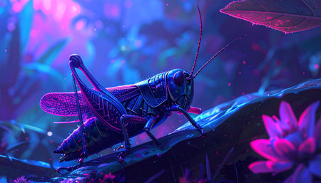 A grasshopper against a nature background with neon colors in a cyberpunk style.の素材