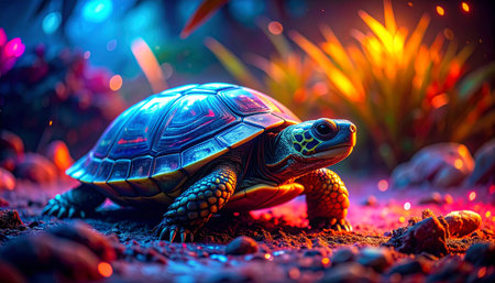 A turtle against a natural background in neon light in a cyberpunk style.の素材