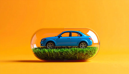 Blue car inside a transparent medical capsule, the bottom of the capsule is filled with grass on a yellow background.の素材