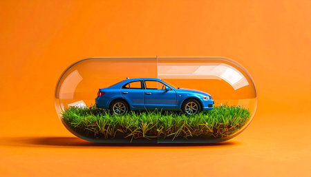 Blue car inside a transparent medical capsule, the bottom of the capsule is filled with grass on a yellow background.の素材