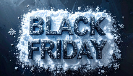Black Friday text made of ice and snow, frosty texture, snowflakes around, cold winter.の素材