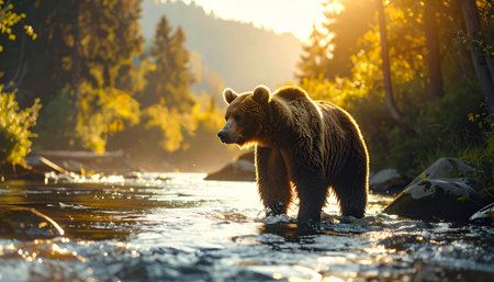 Brown bear fishing in clear river, soft sunlight, wide shot, realistic fur and water.の素材