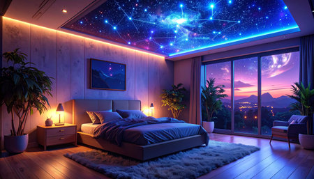 Cozy bedroom with neon ceiling lights shaped like constellations.の素材
