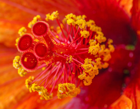 Close-up of hibiscus pistil, rich colors.の素材