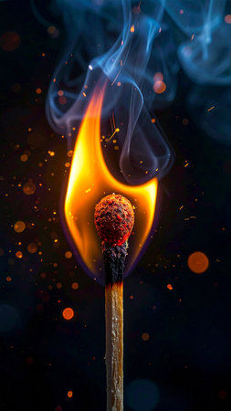 Close-up of a single matchstick igniting with realistic flame, black background.の素材