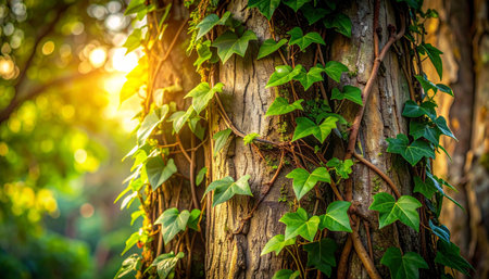 Close-up of vines entangling tree trunks, realistic textures.の素材