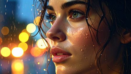 Close-up of face with water droplets, reflections of city lights, moody dramatic light.の素材