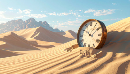 Giant clock embedded in a desert dune, realistic shadows, cinematic pastel tones.の素材