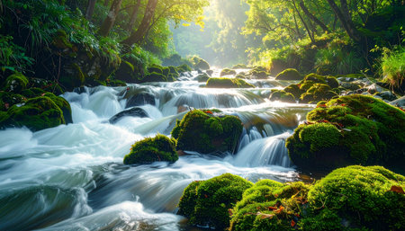Close-up of river flowing over mossy rocks, realistic water movement, shallow depth.の素材