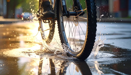 Close-up of bicycle wheel on wet pavement, water splashing, realistic motion.の素材