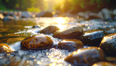 Close-up of stones in shallow stream, water flowing around them, soft natural light.の素材