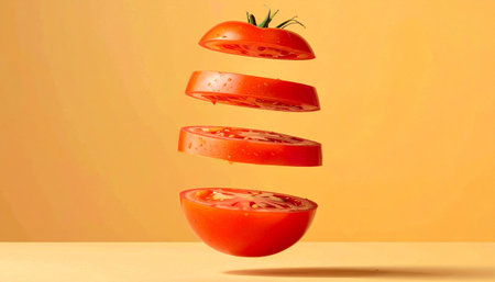 Fresh tomato cut into equal slices hanging in the air.の素材