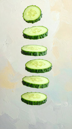 A fresh cucumber, cut into equal slices, is suspended in the air.の素材