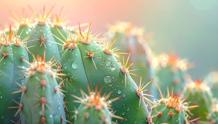 Close-up of cactus needles with tiny water drops, minimalistic background.の素材