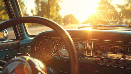 Close-up of vintage car dashboard, realistic textures, sunlight reflections.の素材