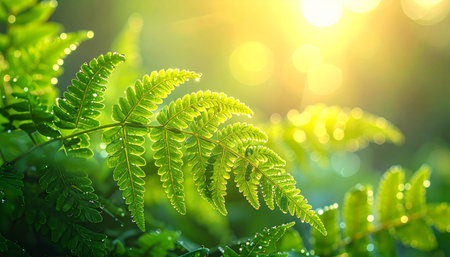 Close-up of fern leaves, morning dew, soft sunlight, pastel background.の素材