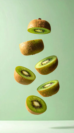 Fresh kiwis, cut into equal pieces, hanging in the air.の素材