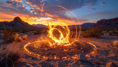 Fire vortex rising from desert ground, sparks and glowing embers swirling.の素材