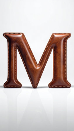 Letter M made of smooth polished leather, fine stitches along edges, studio light.の素材