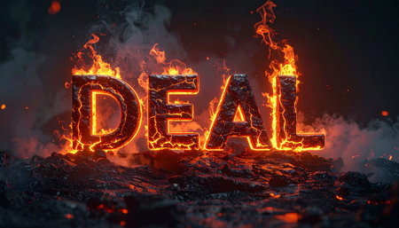 The word Deal in the form of flowing lava letters, glowing magma cracks, subtle smoke and high detail.の素材