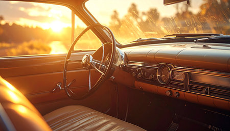 Close-up of vintage car dashboard, realistic textures, sunlight reflections.の素材