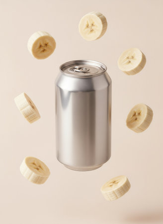 A metal soda can with no name, surrounded by banana slices.の素材