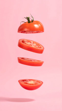 Fresh tomato cut into equal slices hanging in the air.の素材