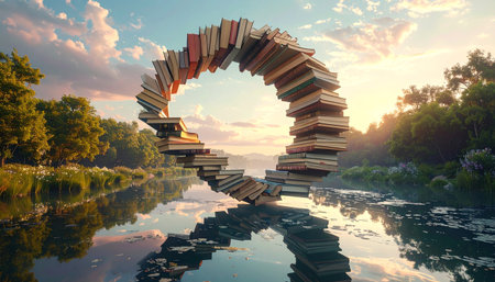 Floating books forming a spiral over a river, realistic water reflection.の素材