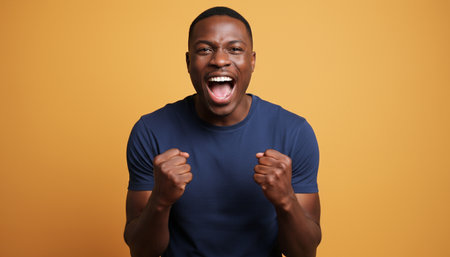 An African American man in a blue T-shirt screams with clenched fists on an orange background.の素材