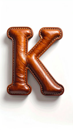 Letter K made of smooth polished leather, fine stitches along edges, studio light.の素材