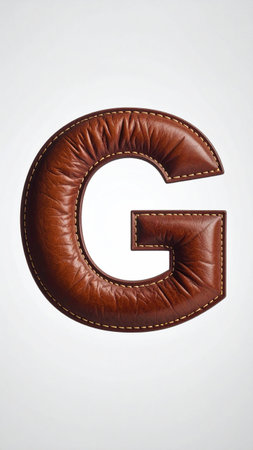 Letter G made of smooth polished leather, fine stitches along edges, studio light.の素材