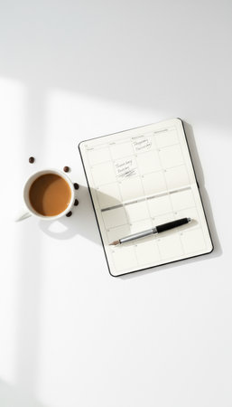 Coffee mug beside open planner and pen, overhead vertical frame, white background.の素材