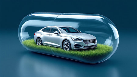 silver car inside a transparent capsule on a blue background.の素材