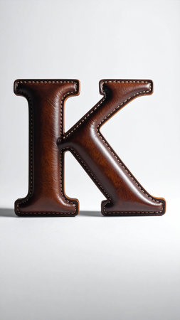 Letter K made of smooth polished leather, fine stitches along edges, studio light.の素材