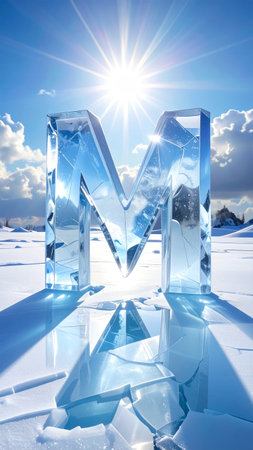 Letter M sculpted from shiny ice, cracks and reflections, melting under sunlight.の素材