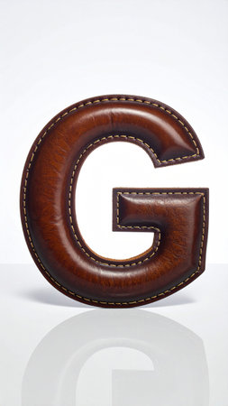 Letter G made of smooth polished leather, fine stitches along edges, studio light.の素材