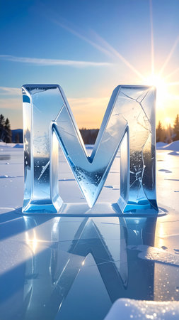 Letter M sculpted from shiny ice, cracks and reflections, melting under sunlight.の素材