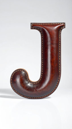 Letter J made of smooth polished leather, fine stitches along edges, studio light.の素材