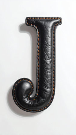 Letter J made of smooth polished leather, fine stitches along edges, studio light.の素材
