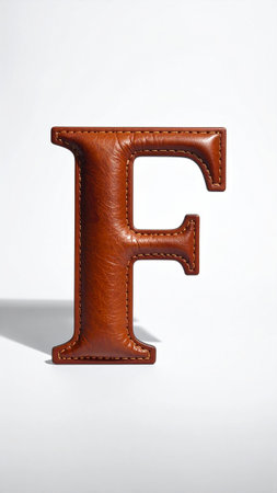 Letter F made of smooth polished leather, fine stitches along edges, studio light.の素材
