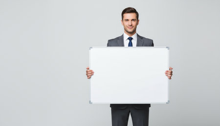 Confident businessman in suit holding empty whiteboard, solid light gray background.の素材