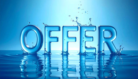 Offer in water-like letters, clear blue transparency, soft ripples, tiny splashes.の素材