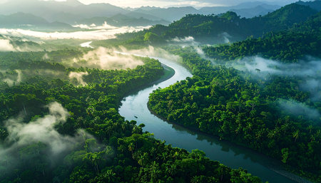 Aerial view of winding river through tropical jungle, mist rising.の素材
