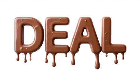 Deal in milk chocolate letters, smooth and creamy texture, subtle drips, photoreali.の素材