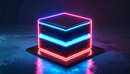 Chocolate cake shaped like a glowing cube with neon layers.の素材