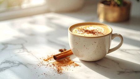 Cappuccino with cinnamon sprinkled on foam, served on marble countertop, soft morning.の素材