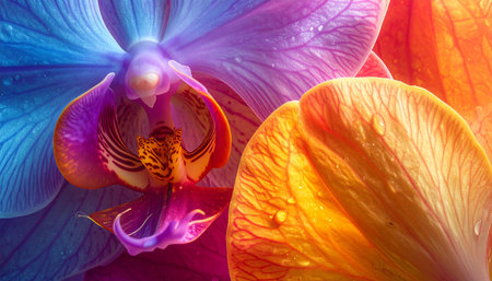 Close-up of orchid petals with vibrant colors, realistic lighting.の素材